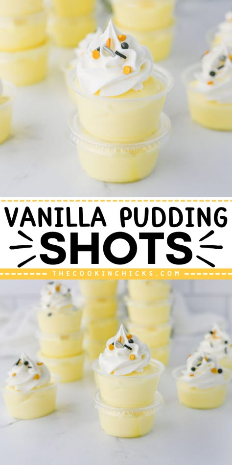 This Vanilla Pudding Shots recipe is easy to make and uses only 4 simple ingredients. The perfect party treat for adults, these pudding shot cups combine creamy pudding with a kick of alcohol for a fun twist on a classic dessert. Yellow Pudding Shots, Vanilla Pudding Shots Recipes, Vanilla Pudding Shots With Vodka, Pudding Shots With Malibu Rum, Pudding Shots Cheesecake, Best Pudding Shots, Screwball Pudding Shots, Creamy Shots Alcohol, Vanilla Jello Shots