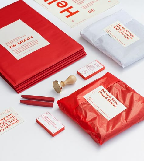 P/T/H . MMXIV F/W Collection Branding & Packaging on Behance Clothing Stickers Design, Cool Clothing Packaging, Off White Packaging, Red And White Packaging, Fashion Brand Packaging Design, Red And White Branding, Canvas Packaging Ideas, Red Packaging Design, Red Branding Design