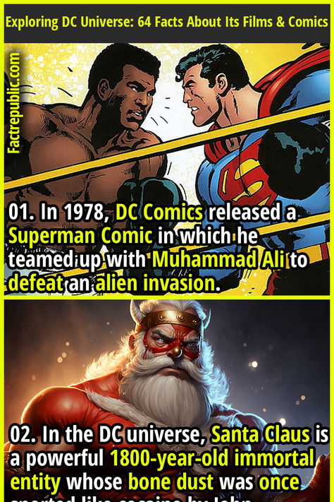 01. In 1978, DC Comics released a Superman Comic in which he teamed up with Muhammad Ali to defeat an alien invasion. Superman Facts, Fact Republic, Movie Trivia, Marvel Facts, Superman Comic, Alien Invasion, Movie Facts, Garage Design, Random Facts