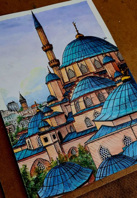 Masjid Painting Islamic Art, Sketch Islamic, Dubai Sketch, Islamic Art Sketch, Islamic Art Drawing, Mosque Watercolor Paintings, Istanbul Sketch Drawings, Istanbul Turkey Drawing, Blue Mosque Sketch