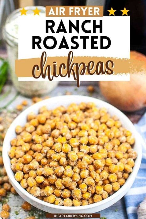 How to make roasted ranch chickpeas in the air fryer or oven. Our recipe is made with 3 ingredients. Serve as a healthy snack, appetizer or on salads and wraps. Air Fryer Snacks For Kids, Air Fryer Snacks Healthy, Healthy Air Fryer Snacks, Easy Air Fryer Snacks, Ranch Chickpeas, Homemade Ranch Mix, Oven Roasted Chickpeas, Chickpea Recipes Roasted, Air Fryer Snacks