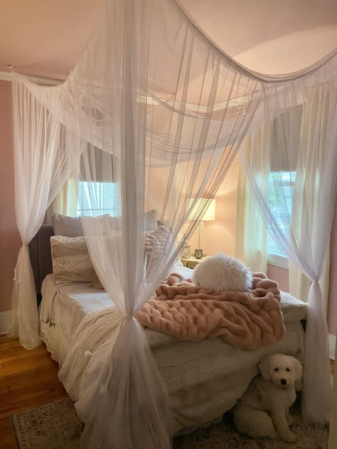 Canopy Bed Ideas Tapestries, Room Inspo With Canopy, Pink Canopy Bed Aesthetic, Canopy Bed Ceiling, Canopy Bed Without Frame, Ceiling Bed Canopy, Bed With Canopy Aesthetic, Cozy Canopy Bed, Curtain Around Bed