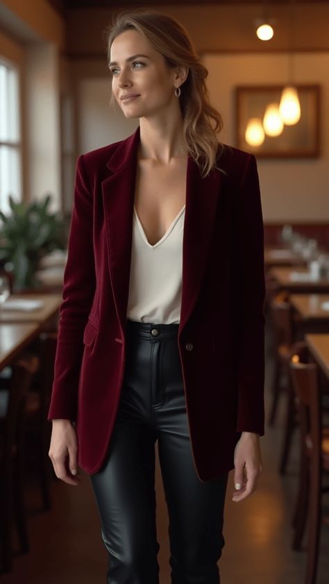 Burgundy Blazer Outfit, Velvet Jacket Outfit, Stylish Leggings Outfit, Velvet Blazer Outfit, Buisness Outfits, Stylish Jeans Outfit, Night Dinner Outfit, Winter Dinner Outfit, Outfits To Impress