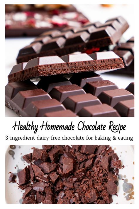 This easy recipe for healthy homemade chocolate bars makes delicious dark chocolate that melts in your mouth. Only three ingredients! It's perfect to use as a Paleo-friendly or refined sugar-free alternative in any recipes calling for chocolate chips or chunks. You can also use this recipe for homemade vegan chocolate bars! Mario Food, Homemade Healthy Chocolate, Homemade Vegan Chocolate, Homemade Chocolate Peanut Butter, Make Your Own Candy, Homemade Candy Recipes, Cake White Chocolate, Chocolate Bar Recipe, Homemade Dark Chocolate