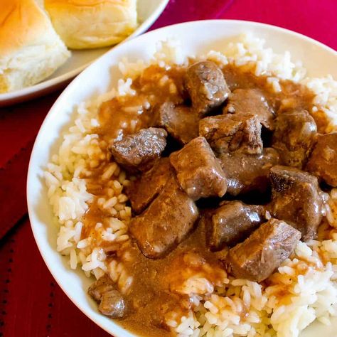 Roast And Rice And Gravy, Steak Tips And Rice, Rice And Gravy Recipes, Beef Tips And Rice Recipe, Stew Beef And Rice, Beef Tips Over Rice, Crab Claw Recipes, Roast Crock Pot Recipes, Homemade Brown Gravy