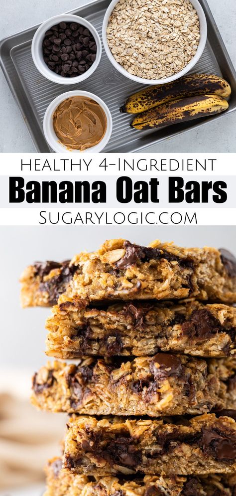 Discover the magic of our easy-peasy Banana Oat Bars! Made with just four ingredients that you probably already have in your pantry, these delicious bars are incredibly healthy and perfect for snacking. Don't let those ripe bananas go to waste – turn them into a delightful treat you and your loved ones won't resist. Pin this recipe now to make the most of your next batch of overripe bananas! Healthy Banana Snacks Easy, Peanut Butter Banana Gluten Free, No Bake Peanut Butter Banana Oat Bars, Banana Oats And Peanut Butter, Two Banana Recipes Healthy, Banana And Oats Recipes Healthy, Peanut Butter Oatmeal Protein Bar, Easy Banana Oat Bars, Banana Oat Bake Healthy