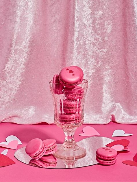 Cake Product Photography, Valentine's Macarons, Pink Product Photography, Parfait Design, Pink Parfait, Creative Food Photography, Product Photography Food, Cake Branding, Themed Photoshoot