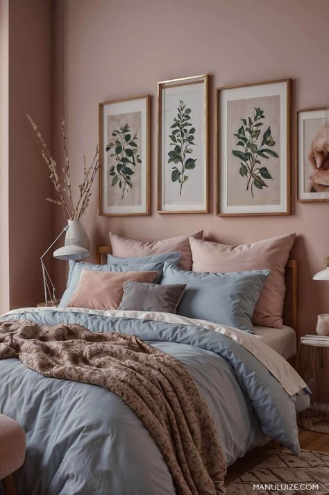 Here's a guide to incorporating dusty pink into your bedroom decor with 35 modern bedroom decor ideas to surprise you! #pinkbedroom #interior Ideas for: light pink bedrooms, grey and pink bedroom ideas, blue and pink bedroom, green and pink bedroom, pink bedroom aesthetic, white and pink bedroom, pink bedroom ideas, black and pink bedroom, girly pink bedroom, pink bedroom decor, sage green and pink bedroom, blush pink bedroom, dusty pink bedroom. Blue Pink And Black Bedroom, Dusty Rose And Blue Bedroom, Bedroom Ideas Dusty Pink, Dark Blush Bedroom, Dusty Pink And Blue Bedroom, Blush Pink Room Decor, Blue Green Pink Bedroom, Bedroom Ideas Blush Pink, Subtle Pink Bedroom