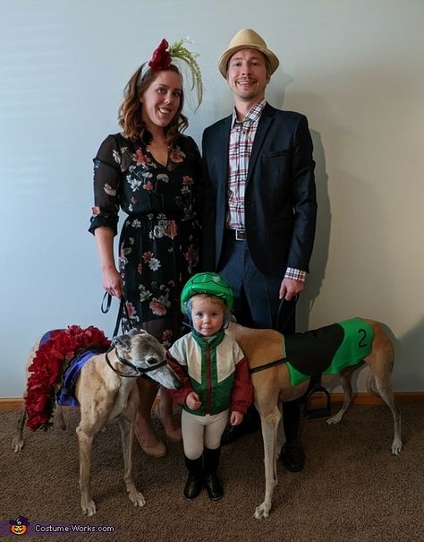 Kentucky Derby Family Costume Kentucky Derby Halloween Costume, Jockey Costume, Kentucky Derby Hats Diy, Derby Hats Diy, Kentucky Derby Theme, Dollar Tree Flowers, Greyhounds Racing, Homemade Costume, Costume Works