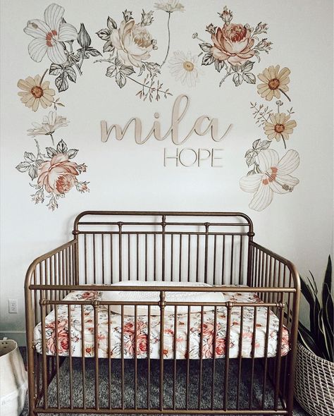 Nursery Flower Decals, Minimal Floral Nursery, Floral Wall Decals Nursery, Flower Accent Wall Nursery, Baby Girl Wild Flower Nursery, Flower Theme Nursery Girl, Neutral Wildflower Nursery, Girl Nursery Wildflower Theme, Flower Themed Nursery Girl