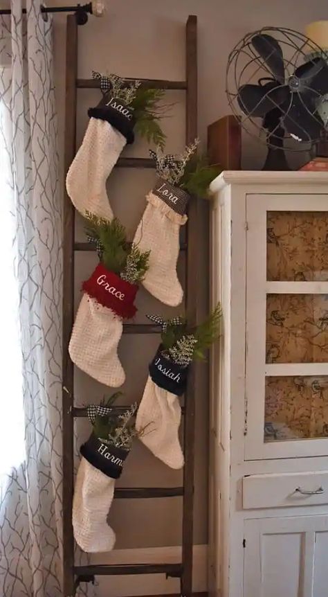 Christmas Decor Ideas Stocking Ladder Christmas, Christmas Ladder Decor, Antique Ladder Decor, Christmas Ladders Ideas, 1890s Home, Tv Stand Christmas Decor, Stocking Stand, Affordable Christmas Decor, Antique Coat Rack