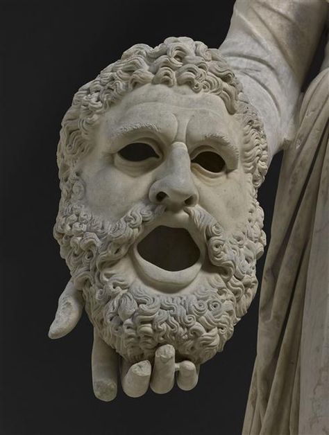 Roman statue of Melpomene holding a mask -   Paris, musée du Louvre Roman Theatre Masks, Roman Mask, Greek Masks, Greek Monsters, Statue Of, Tragedy Mask, Classical Sculpture, Roman Statue, Theatre Masks