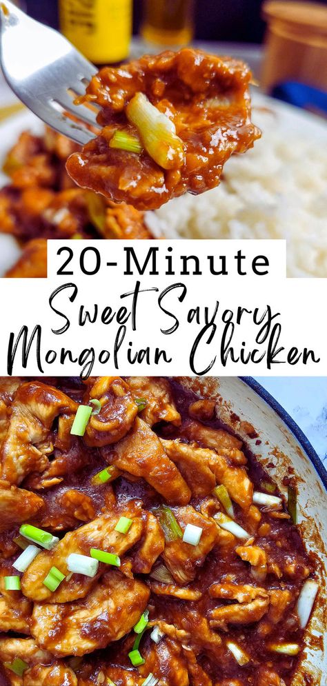 Craving a quick, delicious dinner? Try this 20 Minute Sweet Savory Mongolian Chicken! Packed with bold flavors and tender chicken, it’s perfect for a fast weeknight meal. The sweet and savory sauce is easy to make and pairs perfectly with rice or veggies. Ready in no time and so tasty—your family will love it! Quick Healthy Asian Dinner, Asian Dinner Recipes Chicken, Molokai Chicken Recipe, Mongolian Recipes Authentic, Easy Fast Chicken Dinner, Chicken Chinese Recipes Easy, Mongolian Sauce Recipe, Asian Meal Ideas, Simple Chinese Recipes