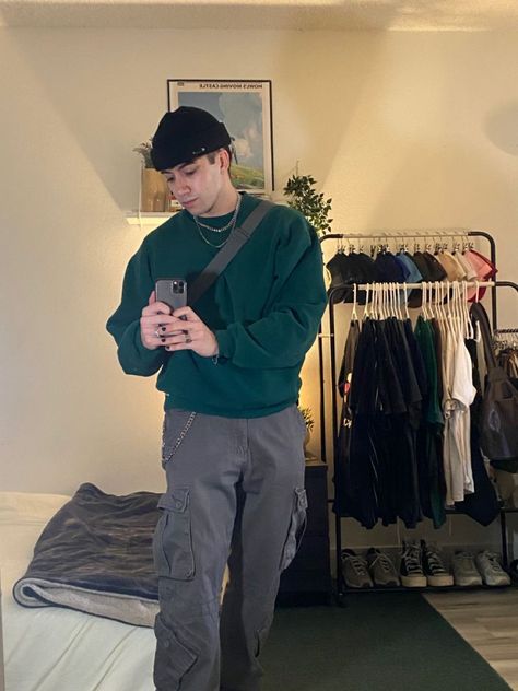 [PaidLink] Green Crewneck, Grey Cargo Pants, Black Beanie Guys Outfit. #blackcargopantsoutfit Grey And Green Outfit Ideas, Men Beanie Outfit, Grey Cargo Pants Outfit Men, Grey Cargo Outfit, Green Crewneck Outfit, Green Cargo Pants Outfit Men, Gray Cargo Pants Outfit, Black Cargo Pants Outfit Men, Crewneck Outfit Men