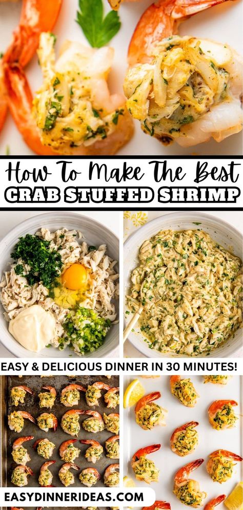 These decadent Crab Stuffed Shrimp are stuffed with sweet lump crab meat, fresh herbs and Old Bay Seasoning, then baked until golden brown. While they look impressive, these stuffed shrimp are actually a super easy appetizer that is ready in just 30 minutes! Seafood Crepes, Holiday Seafood Recipes, Crab And Shrimp Recipe, Baked Stuffed Shrimp, Shrimp Appetizer Recipes, Super Easy Appetizers, Stuffed Shrimp, Lump Crab Meat, Easy Delicious Dinners