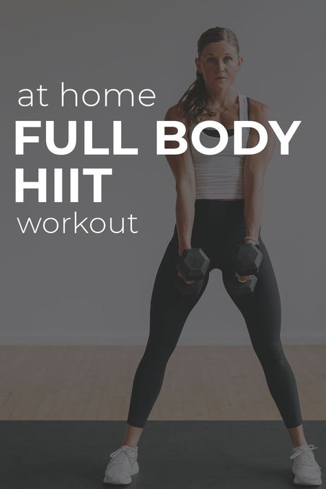 Get all the benefits of strength training and high intensity interval training in this 35-Minute Full Body HIIT workout for women! Nine full body HIIT exercises you can do at home with weights. Full body HIIT workouts are a great way to build muscle and improve your cardiovascular fitness at the same time! Burn fat and build strength with this advanced, full body HIIT workout for women. You only have to do each full body exercise twice, so grab your heavy dumbbells. Treadmill Hiit Workout, Full Body Hiit Workouts, Low Impact Hiit Workout, Hiit With Weights, Dumbbell Hiit, Hiit Workouts With Weights, Hiit Workouts For Men, Barre Workout Video, Low Impact Hiit