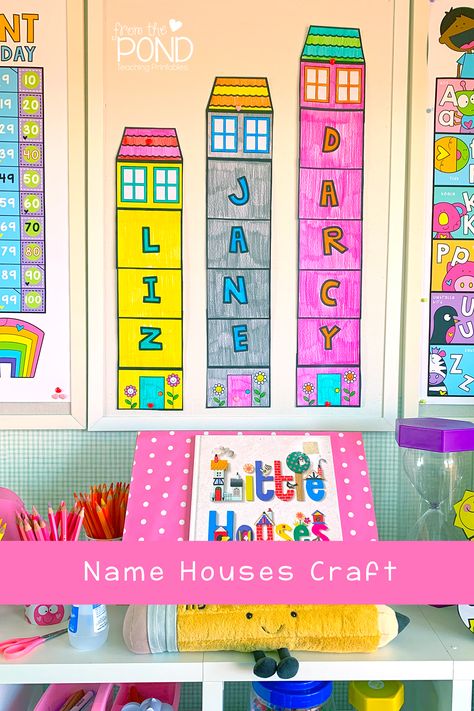 Students make a house that displays thei rname with this new printable in our Name Crafts collection. Team it with a book about houses or homes for a rich literacy and creative experience. Available in our store, see our growing range of name crafts on the wbsite page. My Neighborhood Crafts Preschool, Build Your Name Preschool, Architect Dramatic Play, Building Unit For Preschoolers, Homes Activities Preschool, Buildings Prek Activities, A House Is A House For Me Activities, Building Unit Preschool Art Projects, House Crafts Preschool