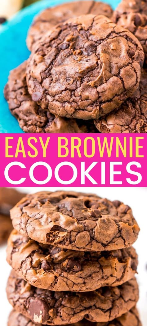 These Brownie Cookies are made from an adapted brownie box mix and are loaded with chocolate chips! They have a crisp outer edge and chewy fudge center just like a classic brownie! #BROWNIES #COOKIES #DESSERTRECIPE Brownie Cookies From Mix Boxes, Easy Brownie Cookies, Chewy Fudge, Brownies Caramel, Brownie Mix Cookies, Easy Brownie, Fall Goodies, Future Chef, Cake Mix Cookie