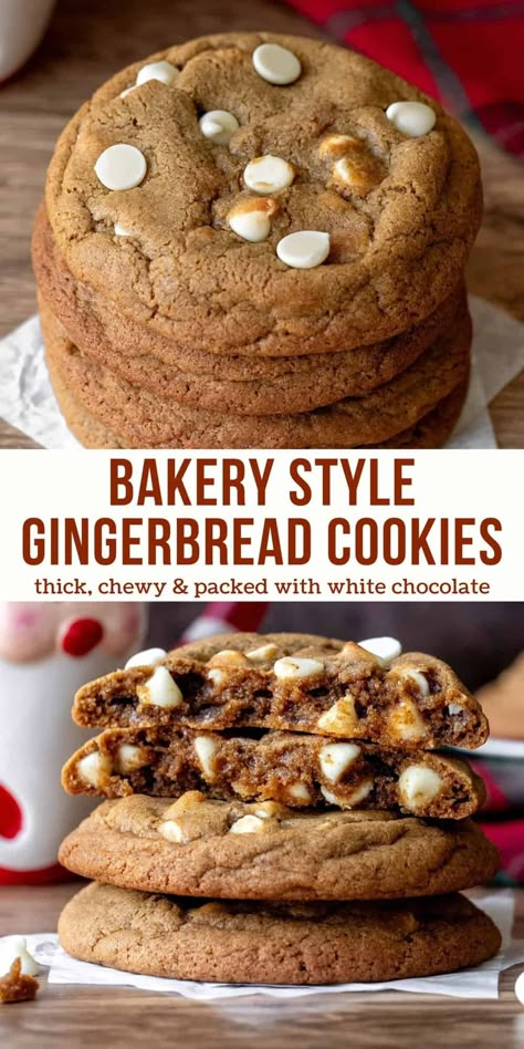 If you're looking for a decadent Christmas cookie - then you need to try these bakery style gingerbread cookies. They're big, chewy, a little gooey and with the perfect gingerbread flavor. Then they're loaded with white chocolate chips for the ultimate treat. #gingerbreadcookies #bakerycookies #whitechocolatechips #recipe #cookies #christmascookies from Just So Tasty Gingerbread And White Chocolate Cookies, Pretzel Reindeer Cookies, Cinnamon White Chocolate Chip Cookies, Gingerbread White Chocolate Chip Cookies, Christmas Bakery Recipes, Cherry Bakewell Cookies, Baking Ideas For Boyfriend, Bakery Style Gingerbread Cookies, Gourmet Gingerbread Cookies