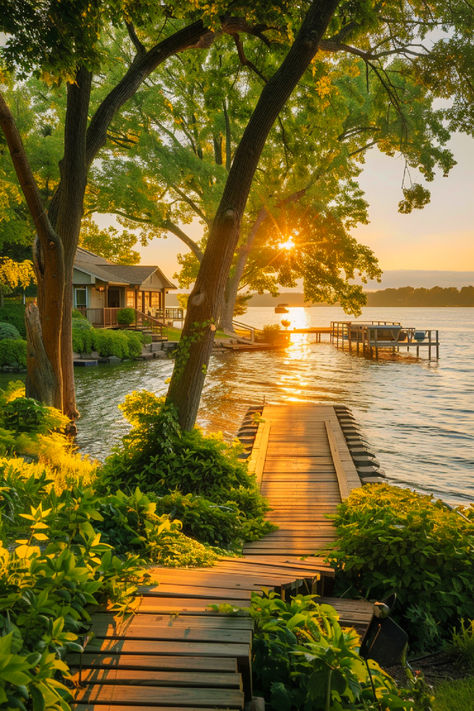 A serene lakefront scene at sunset with a peaceful dock leading to the water, surrounded by lush greenery and trees, offering a tranquil getaway at a cozy lakeside home. Waterfront Lake House, Lake House Trip, Lake House Aesthetic, Lake House Vacation, House Near Lake, Lake Aesthetics, Riverfront Home, Jones Aesthetic, Lakeside House