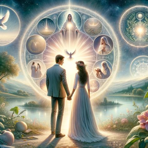 A serene, ethereal scene symbolizing marital destiny intertwined with spiritual elements. In the foreground, a couple stands hand in hand under a radiant celestial light, signifying divine guidance. They have calm, content faces, embodying spiritual discernment and providence in their union. The background features a peaceful landscape, like a lush garden or tranquil lakeside, symbolizing the... Spiritual Art Couple, Spiritual Relationships Art, Spiritual Connection Relationships Art, Love In Bible, Divine Marriage, Spiritually Connected Relationship, Divine Couple, Spiritual Elements, Spiritual Discernment