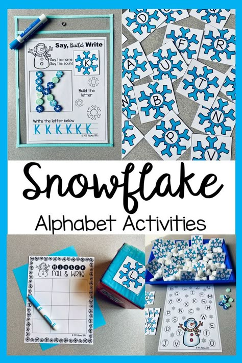 Letter S Scavenger Hunt Preschool, Letter Stations Preschool, Snow Language Activities For Preschool, Snowflake Literacy Activities, Winter Letter Recognition Preschool, Snowflake Learning Activities, Winter Phonics Activities Preschool, S Letter Activities For Preschool, January Name Crafts Preschool