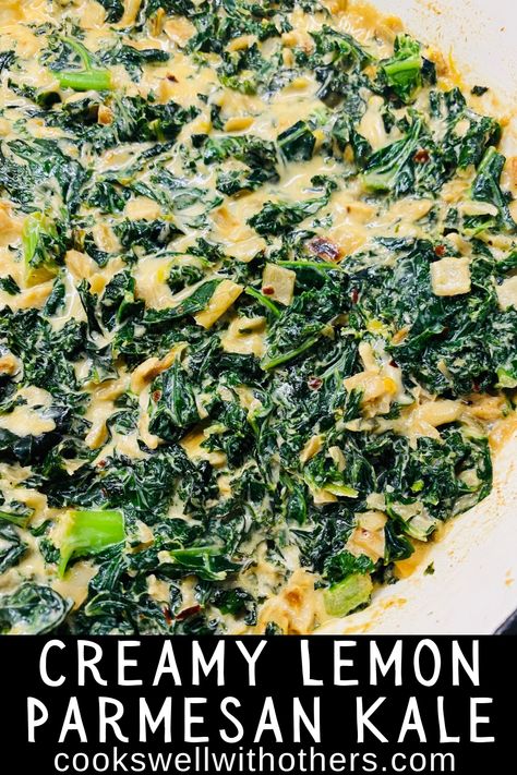 creamy cooked kale in a skillet Kale Side Dish, Lemon Kale, Monday Meals, Creamed Kale, Best Superfoods, Dinner Favorites, Steak Side Dishes, Fancy Dinner Recipes, Side Items