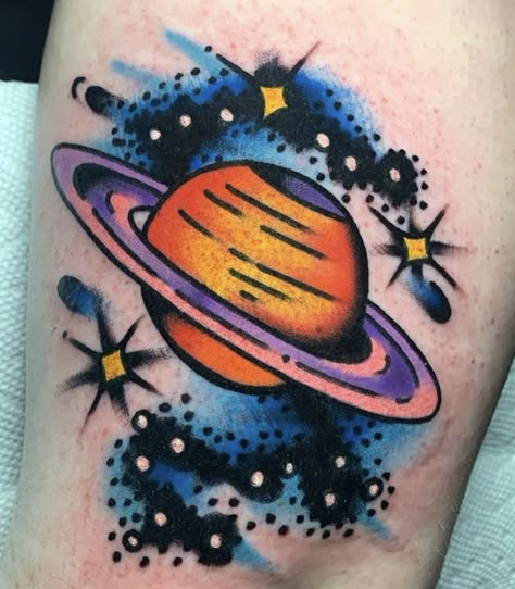 American Traditional Galaxy Tattoo, Traditional Science Tattoo, Traditional Alien Tattoo Ideas, Traditional Outer Space Tattoo, Galaxy Planets Tattoo, Neo Traditional Galaxy Tattoo, Traditional Style Space Tattoo, Colorful Planet Tattoo, Saturn Galaxy Tattoo