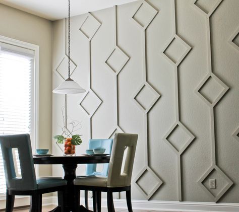 DIY Diamond Wall Architectural Feature Final Accent Wall In Kitchen, Accent Wall Designs, Diamond Wall, Accent Walls In Living Room, Feature Walls, Wall Molding, Wall Designs, False Ceiling Design, Textured Wall