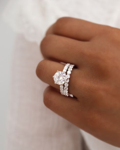 Pave Wedding Band With Engagement Ring, Ring Stacking Ideas Wedding Bands, Solitaire Engagement Ring With Band, Engagement Ring With Eternity Band, Belle Ring, Ring Goals, Lab Grown Engagement Ring, Stacked Wedding Bands, Cute Engagement Rings