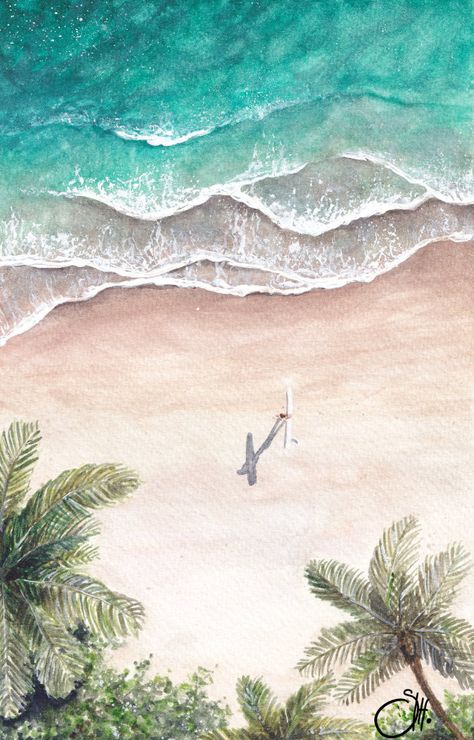 Seashore Watercolor Paintings, Tropical Beach Watercolor, Ocean Art Inspiration, Aerial Ocean Painting, Tropical Watercolor Art, Aerial Beach Painting, Watercolour Painting Ocean, Watercolor Surf Art, Beach Drawing Watercolor