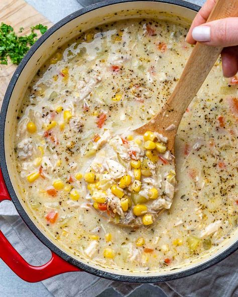 corn chowder soup with a hand holding a spoonful Light Corn Chowder, Chicken And Corn Recipes, Chicken Corn Chowder Soup, Chowder Recipes Healthy, Diet Soups, Chicken And Corn Soup, Amanda Nighbert, Easy Healthy Chicken, Corn Chowder Soup