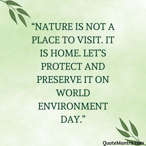 “Nature is not a place to visit. It is home. Let’s protect and preserve it on World Environment Day.” World Environmental Day Quotes, Environment Day Qoute, Quotes For Environmental Day, June 5 World Environment Day Quotes, Slogan On Environment Day, Environment Day Slogan Ideas, Environmental Day Quotes, World Environment Day Speech, Poem On Environment