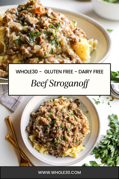 This budget-friendly Whole30 Beef Stroganoff is the perfect 30-minute meal for busy weeknights when you want something delicious without the hassle. Whole30 Beef Stroganoff, Whole 30 Stroganoff, Whole 30 Hamburger Casserole, Grain Free Meals Clean Eating, Whole 30 Steak Marinade, Whole30 Casserole Dinners, Whole 30 Bison Recipes, Whole 30 Beef Stroganoff, Whole 30 Recipes With Ground Beef