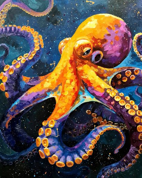 Space Octopus. Acrylic on canvas. Inspired by the sea and space. My painting is available. 60*80cm. Shipping to the USA is available. Price: 310 $ usd Underwater Octopus Painting, Squid Watercolor Painting, Acrylic Paint Animals, Undersea Painting Acrylic, Oil Paint Animals, Oil Pastel Octopus, Aquatic Life Art, Painting Of Octopus, Octopus Canvas Painting