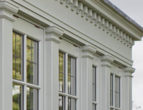 Dentil Moulding And Timber Columns Complete The Look Dentil Moulding Exterior, Colonial Chic, Orangery Conservatory, Farmhouse Colonial, Conservatory Interior, Roof Cap, Screened Porch Designs, Dentil Moulding, Sunroom Addition