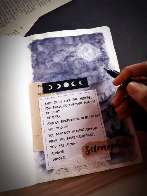 #moon #artjournaling #journal #selenophile #aesthetics #art #painting #watercolor #phases #artjournal Moon Journal Aesthetic, Moon Aesthetic Journal, Names For Journals, Moon Scrapbook Pages, Selenophile Journal, Moon Art Journal, Sketch Journal Aesthetic, Aesthetic Quotes For Journal, Asthetic Journalling