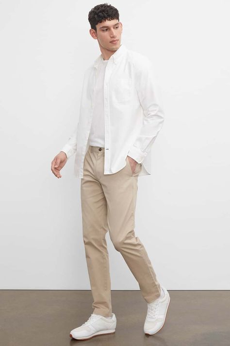 White Oxford Shirt Outfit, Men Khaki Pants Outfit, White Polo Shirt Outfit Men, White Sneakers Outfit Men, White Polo Outfit, White Polo Shirt Outfit, Oxford Shirt Outfit, Cream Pants Outfit, Polo Shirt Outfit Men