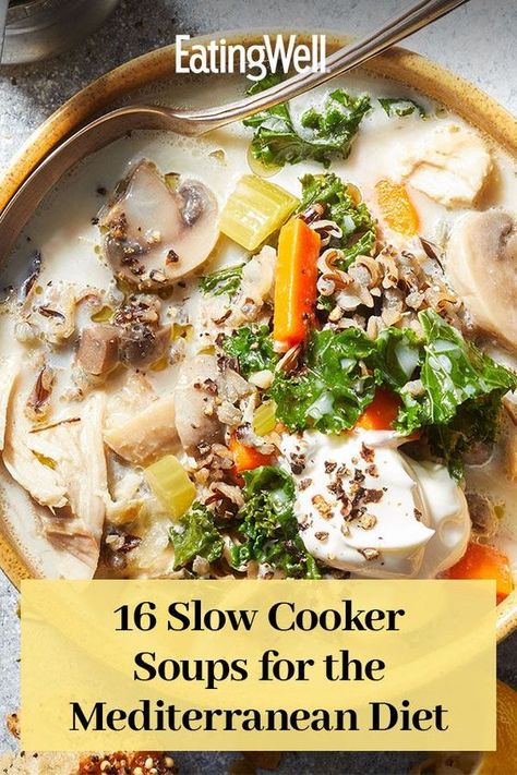 Slow Cooker Chicken And Chickpea Soup, Slow Cooker Mediterranean Stew, Dash Diet Soup Recipes Crock Pot, Easy Soup Recipes Slow Cooker, Slow Cooker Tuscan Soup, Meatless Soups Recipes, Mediterranean Crockpot Soup, Mediterranean Chicken Noodle Soup, Slow Cooker Soup Dairy Free