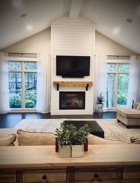 Living Room Addition, Family Room Addition, Living Room Ideas Farmhouse, Shiplap Fireplace, House Addition, Fireplace Built Ins, Room Addition, Wood Beam, Fireplace Remodel