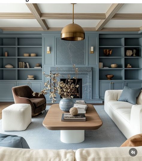 Blue Living Room Built Ins, Modern Home With Color, Transitional Blue Living Room, Chic Basement Ideas, East Coast Style Homes, Light Blue Fireplace, Light Blue Office Walls, White Blue Interior Design, Light Blue Family Room