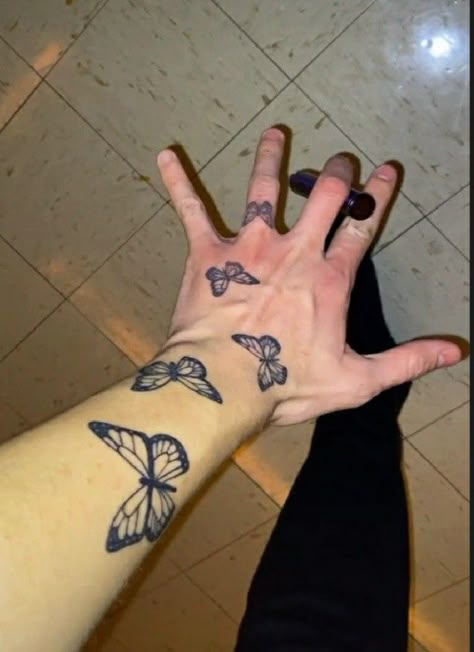 Butterfly Hand Tattoo Men, Butterflies Hand Tattoo, Men’s Wrist Tattoos, Wrist Tattoo Men, Wrist Tattoos Men, Small Hand Tattoos For Guys, Butterfly Sleeve Tattoo, Mens Butterfly Tattoo, Butterfly Neck Tattoo