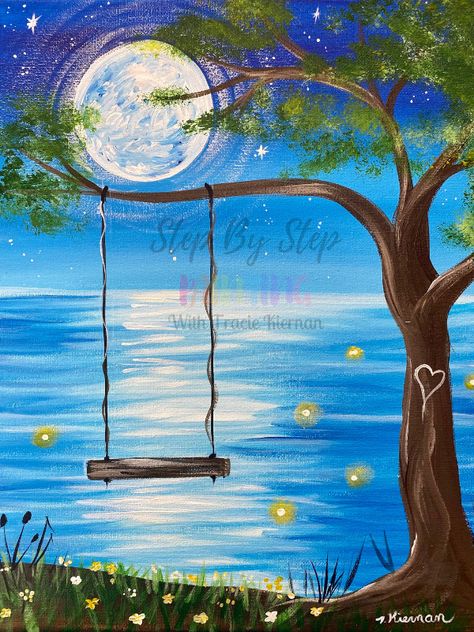 Whimsy Summer Swing Painting Tutorial - Step By Step Painting With Tracie Kiernan Paint Night Ideas, Beginners Painting, Easy Acrylic Painting, Arte Van Gogh, Simple Canvas Paintings, Canvas Painting Tutorials, Summer Painting, Art And Painting, Painting For Beginners