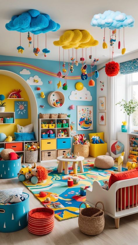 Toy Decoration Ideas, Toys Decoration Ideas, Baby Toys Organization Ideas, Organization Ideas For Kids Room, Colorful Kids Playroom, Baby Playroom Ideas Small Spaces, Playing Room Ideas, Educational Playroom Ideas, Kid Playroom Ideas