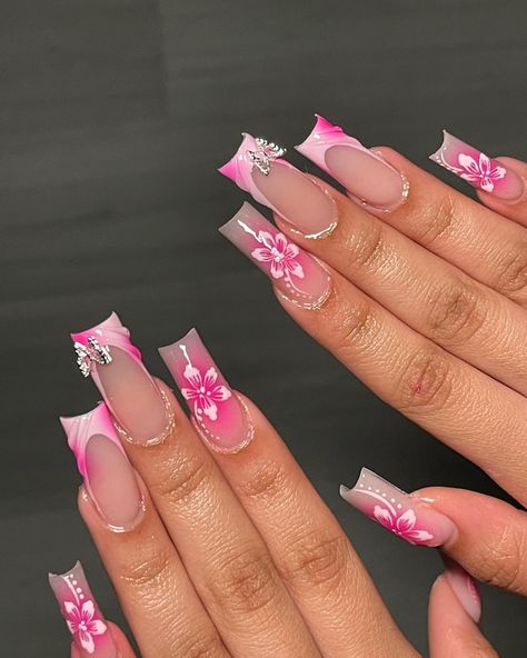 Pink airbrush💕 Size: (m) Bookings posted!! #nycnails #viralnails #inspo #nycnailtech | Instagram Summer Vacay Nails 2024, Nails Hibiscus, Milky Nails, Airbrush Nails, Girly Acrylic, Colored Acrylic Nails, Summery Nails, French Tip Acrylic Nails, Girly Acrylic Nails