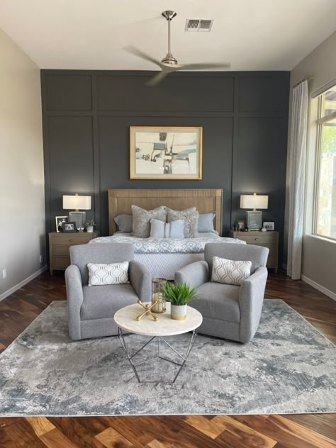 Gauntlet Gray Accent Wall Master Bedrooms, Bedroom Master Feature Walls, Dark Focal Wall Bedroom, Board And Batten Wall Iron Ore, Sw Peppercorn Accent Wall Bedroom, Peppercorn Bedroom Accent Wall, Iron Ore Master Accent Wall, Iron Ore Accent Wall Bathroom, Charcoal Feature Wall Bedroom