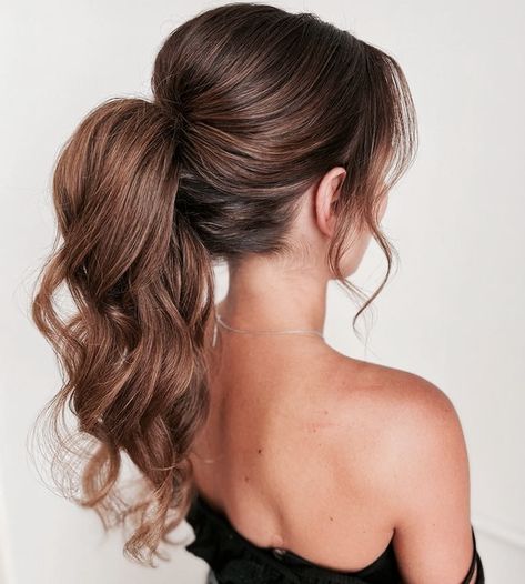 Homecoming Hair Updos Ponytail, Brids Mades Hair Styles Ponytail, Mid Ponytail Wedding Hair, Messy Ponytail Bridesmaid, Bridesmaid Hair Ponytail Messy Pony, Updos For Medium Length Hair Ponytail, Hoco Hair Updo Ponytail, Ponytail For Wedding Bridesmaid, Party Pony Bridesmaid Hair