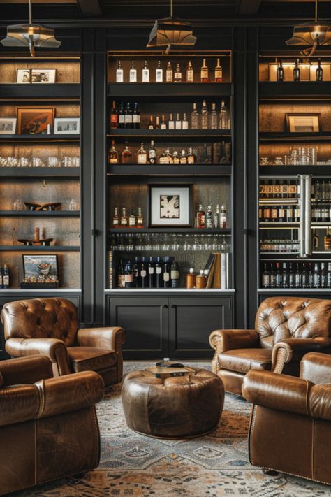 Gentlemen Man Cave, Traditional Office Built Ins, Gentleman Style Office, Speakeasy Furniture Interior Design, Wine Library Room, Home Bar And Library, Bourbon Library, Whiskey Den, Bourbon Office