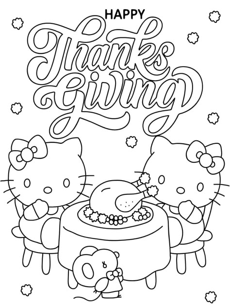 Top 60+ Thanksgiving Coloring Pages For Kids 🦃🎨 - ColoringPagesForKids.net Thanksgiving Hello Kitty, Hello Kitty Thanksgiving, Fall Leaves Coloring Pages, Thanksgiving Drawings, Thanksgiving Coloring Sheets, Thanksgiving Cartoon, Hello Kitty Colouring Pages, Hello Kitty Background, Thanksgiving Coloring