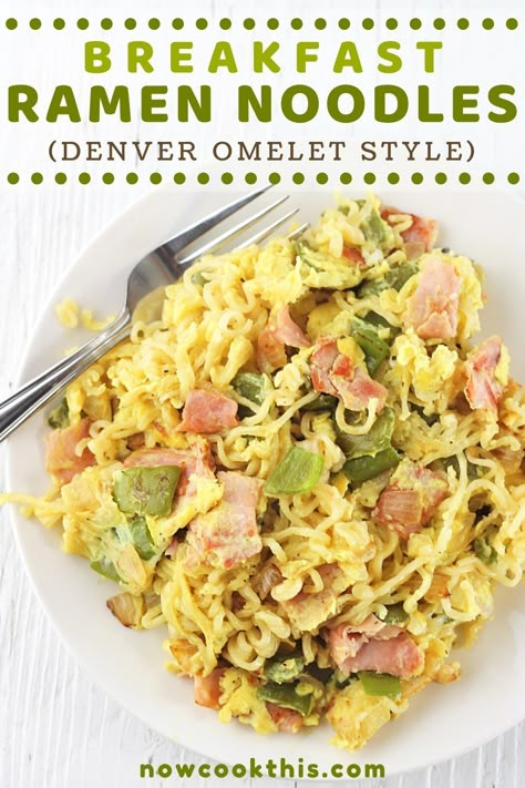 These easy Denver Omelet Style Breakfast Ramen noodles with ham, peppers and onions are an easy and delicious way to kick up scrambled eggs and a fun, different way to enjoy ramen. One bite and you'll be hooked! Get the recipe and give them a try! #breakfastramennoodles #ramennoodles #ramen #breakfast Ramen Breakfast Recipes, Breakfast Ramen Recipe, Ramen Breakfast, Eggs Peppers Onions, Ramen Meals, Ramen Dinner Recipes, Breakfast Ramen, Ramen Noodles Recipes, Top Ramen Recipes